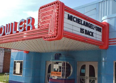 Fowler Theatre marquee that says "Michaelangelo Orr is Back"