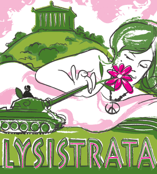 Lysistrata show poster of woman placing flower in tank's cannon