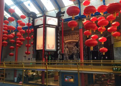 giant Chinese lantern hanging from ceiling