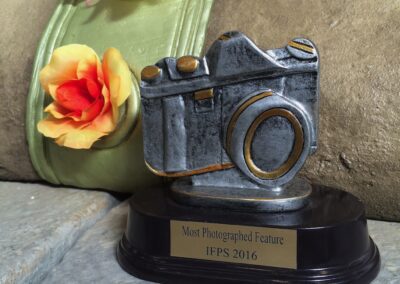 Camera-shaped trophy with flowers and plaque.