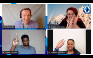 four diverse performers waving from four different virtual locations