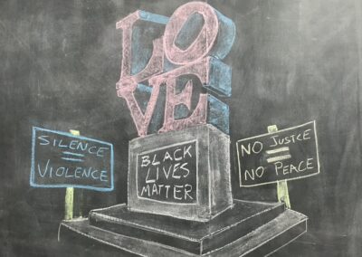 Chalk mural of LOVE sculpture on pedestal and BLM Signs