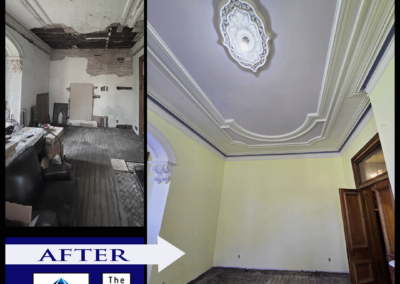 Before and after restored ornate theatre ceiling